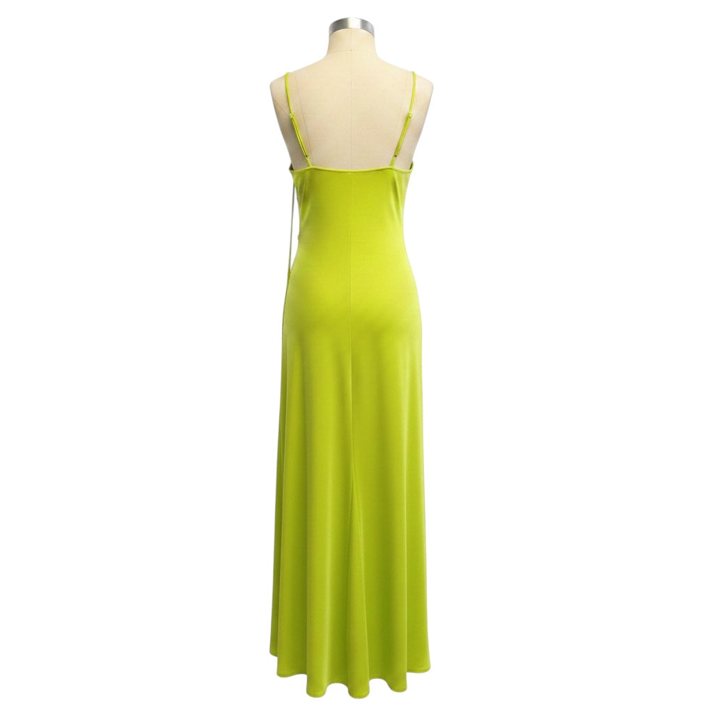 Victoria Beckham Lime Green Lace Trimmed Satin Slip Maxi Dress