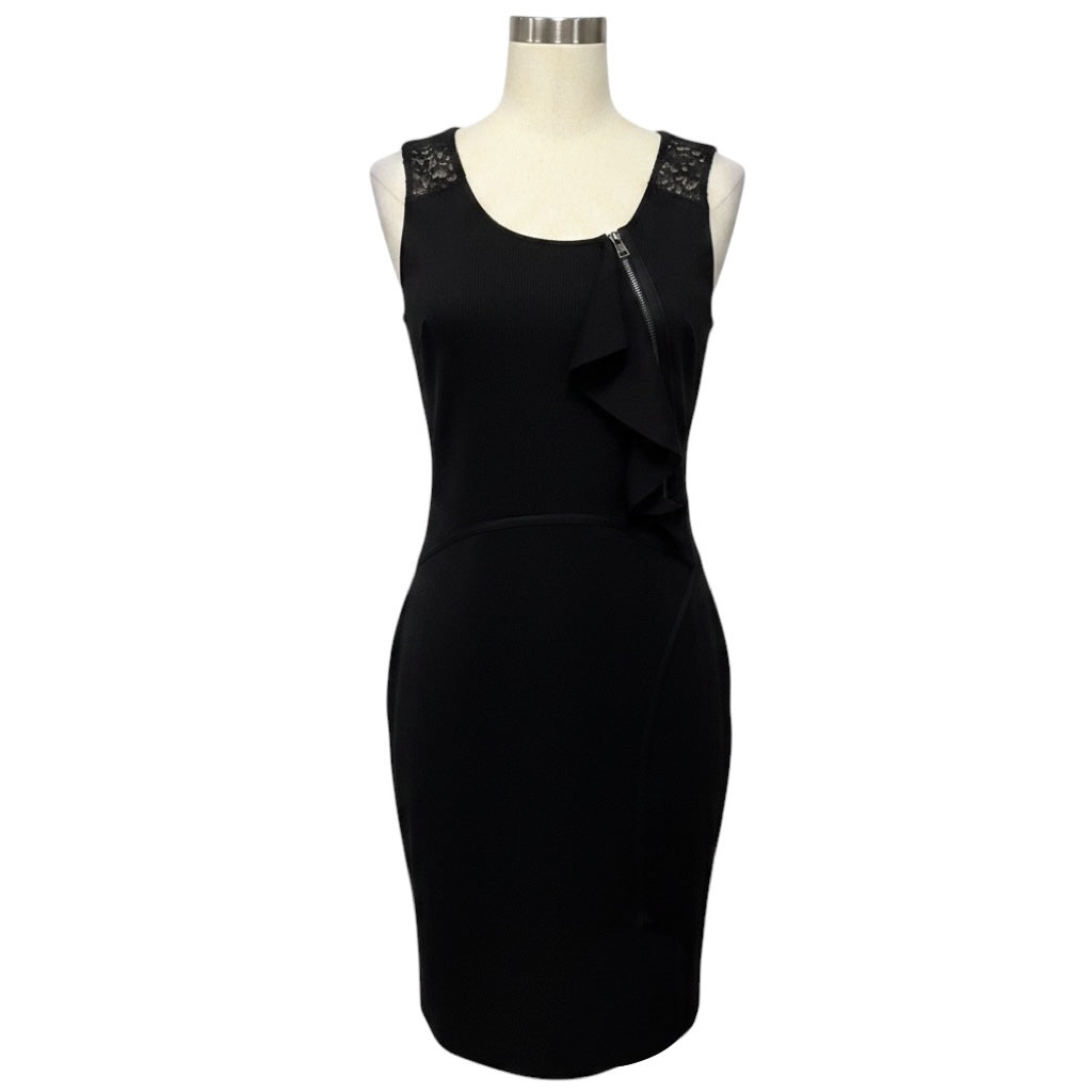 Valentino Black Ruffled Zipper Detail Sleeveless Wool Knit Dress with Lace Back