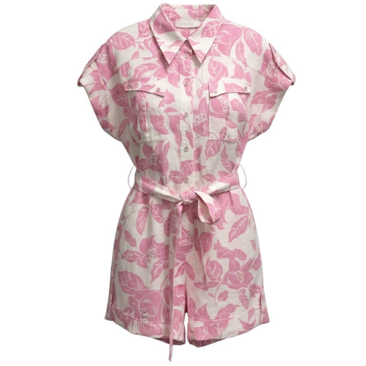Zimmermann Pink / White Tropical Print Bells Roll Cuff Linen Playsuit / Romper