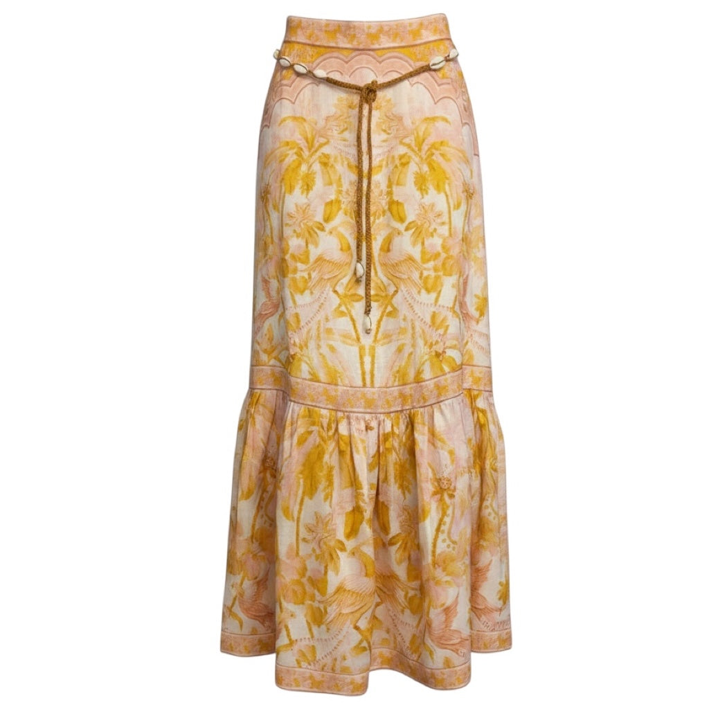 Zimmermann Yellow Palm Lyre Linen Midi Skirt