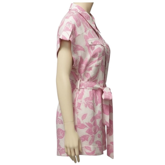 Zimmermann Pink / White Tropical Print Bells Roll Cuff Linen Playsuit / Romper