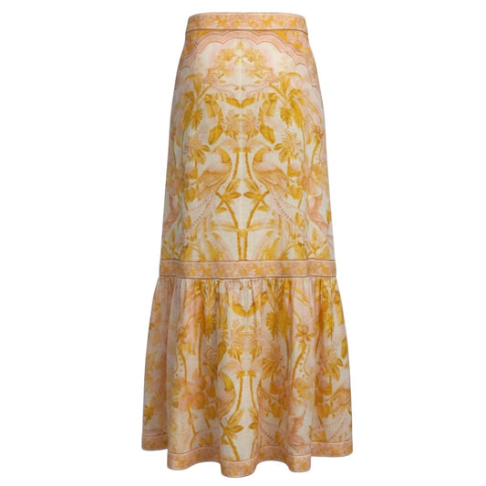 Zimmermann Yellow Palm Lyre Linen Midi Skirt