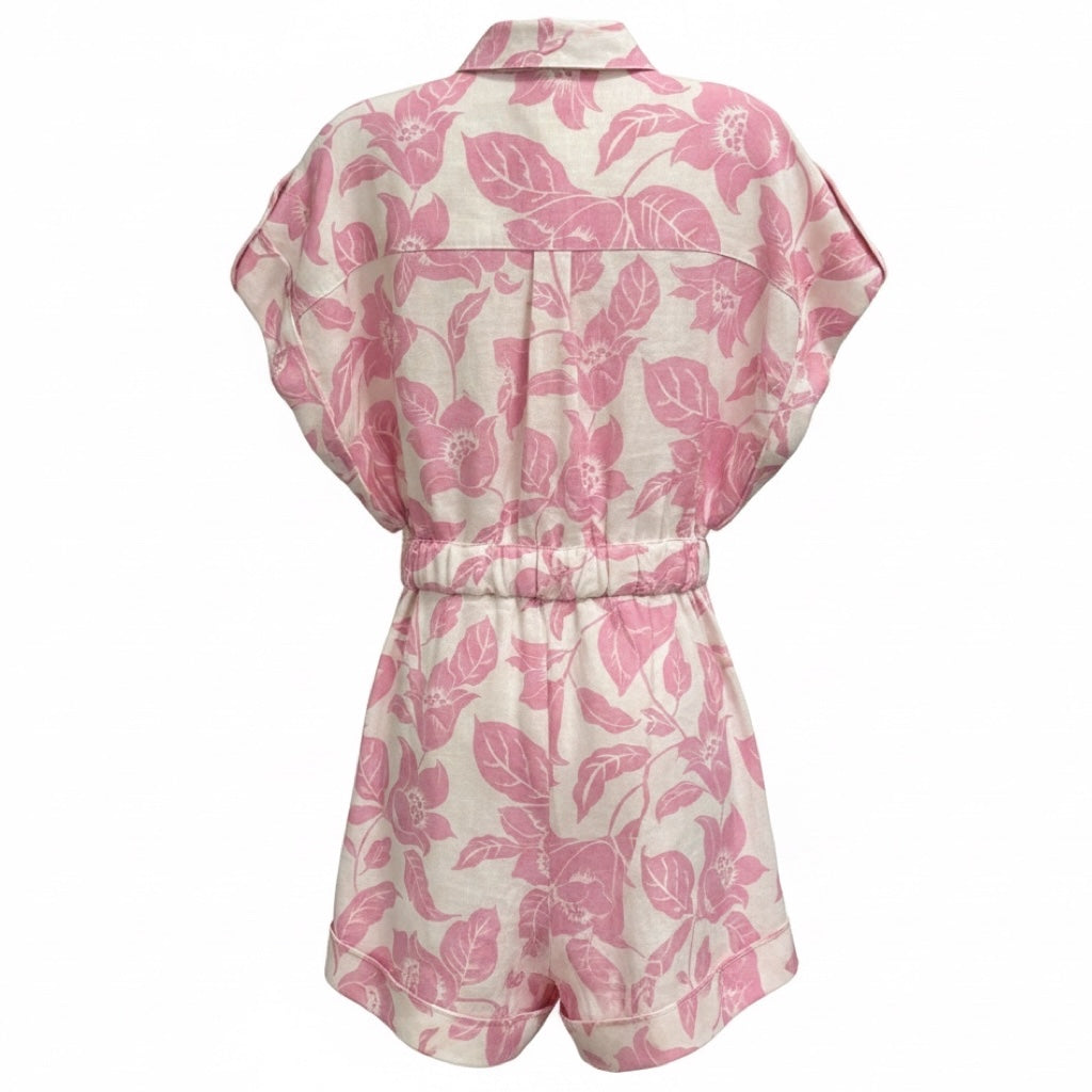 Zimmermann Pink / White Tropical Print Bells Roll Cuff Linen Playsuit / Romper