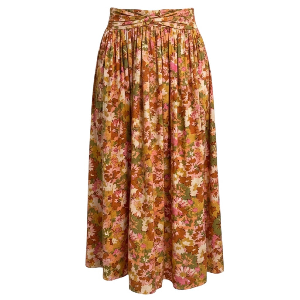 Zimmermann Pink / Green Multi Floral Printed Cotton Midi Skirt