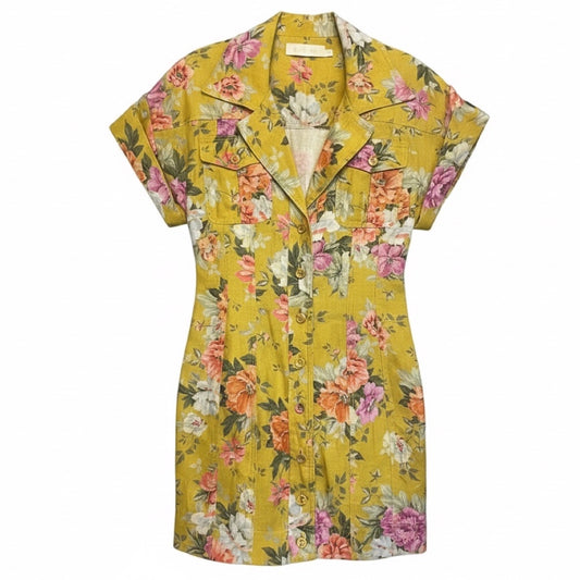 Zimmermann Chartreuse Mustard Rose Pattie Cuffed Floral Linen Mini Dress 