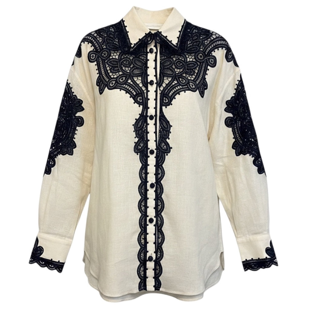 Zimmermann Ivory / Navy Blue Laurel Embroidered Linen Shirt