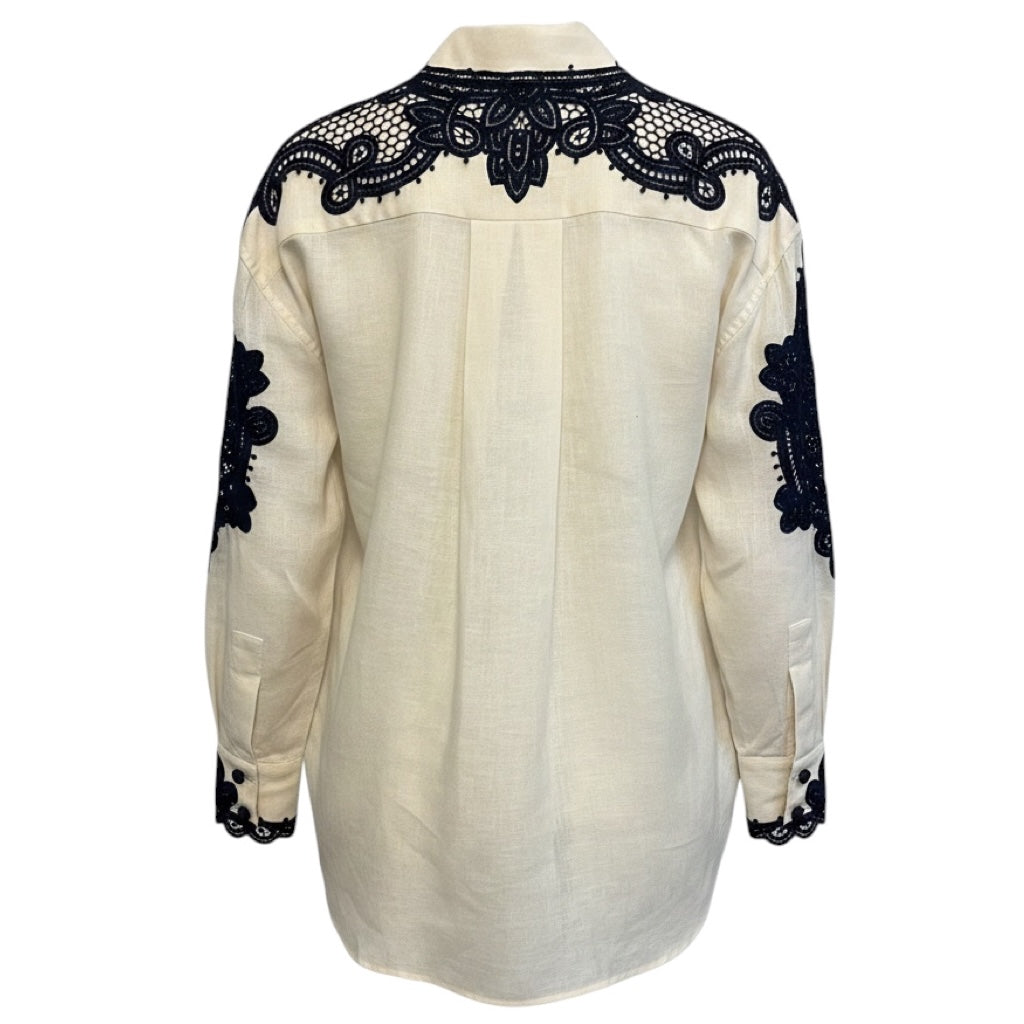 Zimmermann Ivory / Navy Blue Laurel Embroidered Linen Shirt