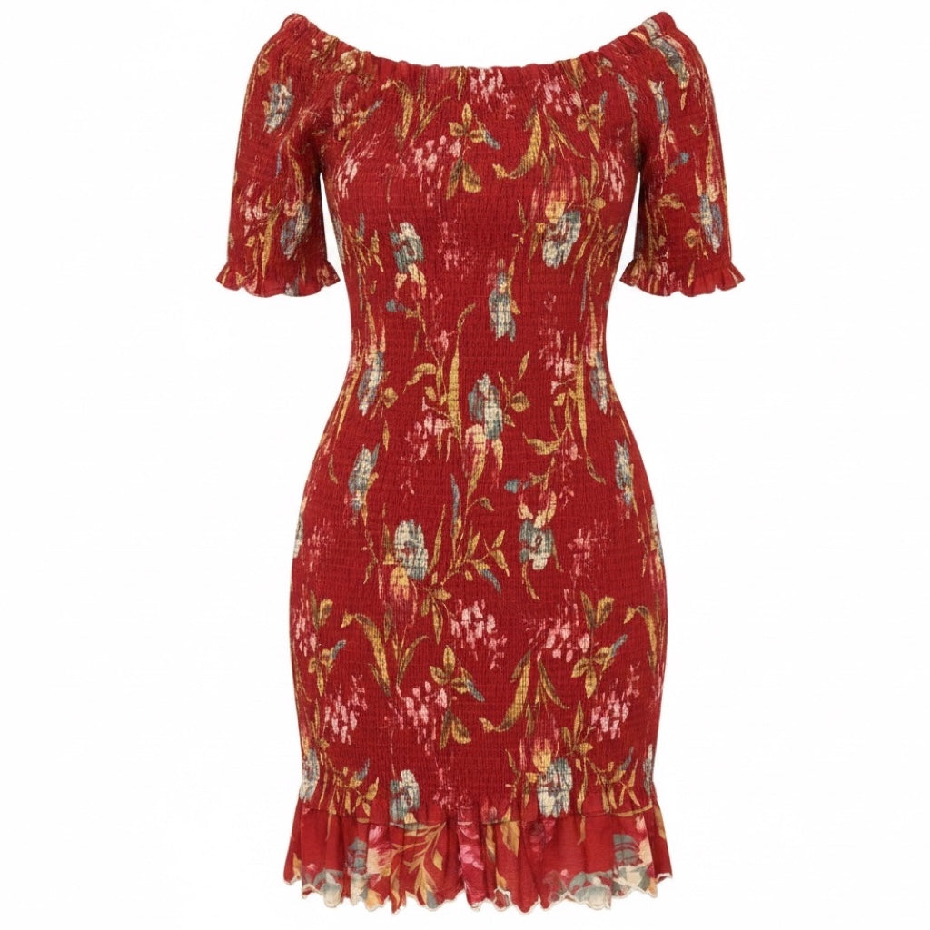Zimmermann Red Washed Iris Corsair Shirred Flutter Mini Dress