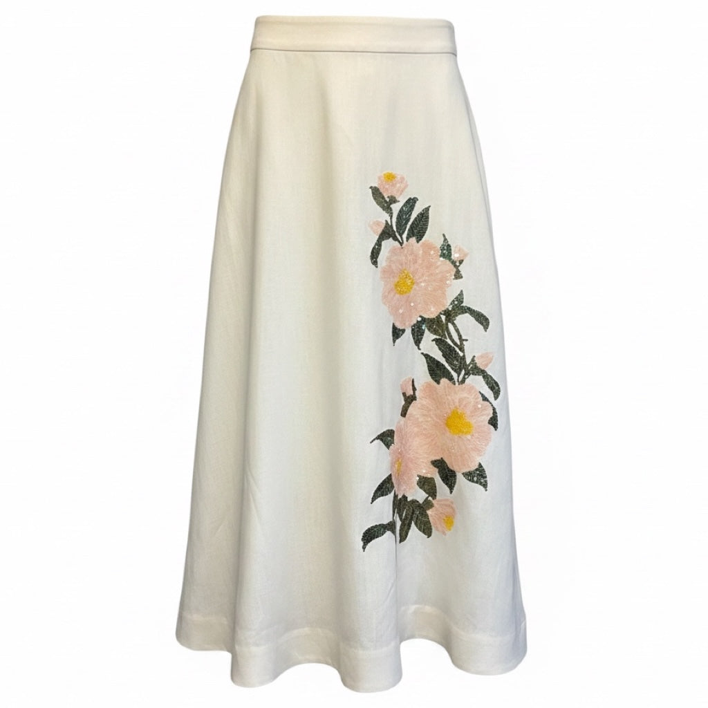 Zimmermann White Multi Natura Flare Sequin Embellished Linen Midi Skirt in Ivory Camellia