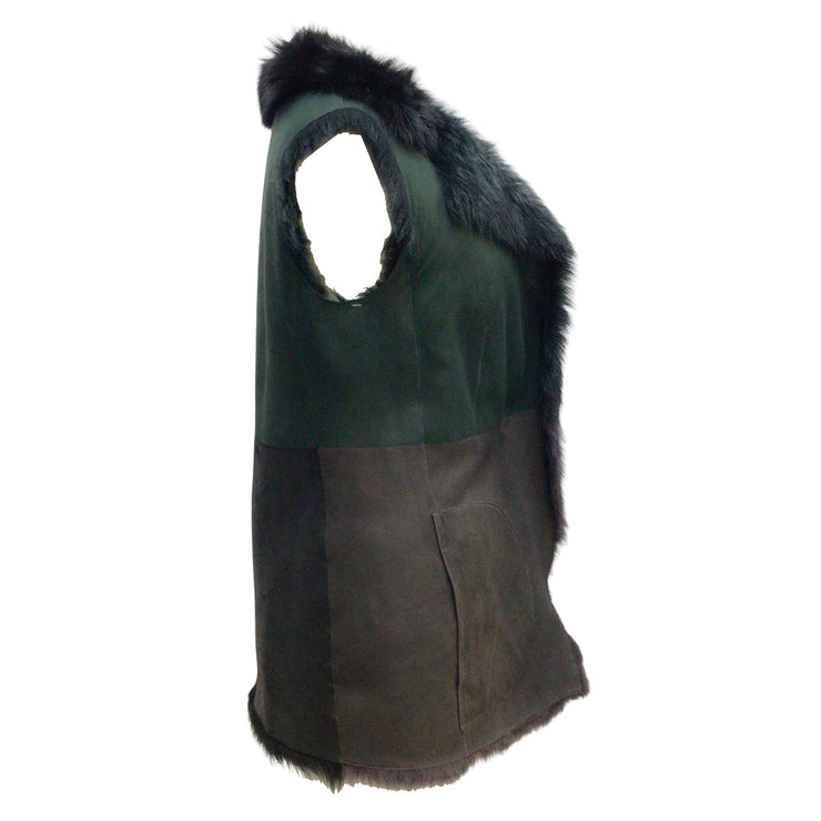 Akris Punto Grey / Green Reversible Colorblock Lambskin Leather and Lamb Fur Vest
