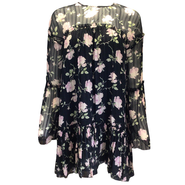 Ulla Johnson Black / Purple Floral Printed Long Sleeved Silk Dress