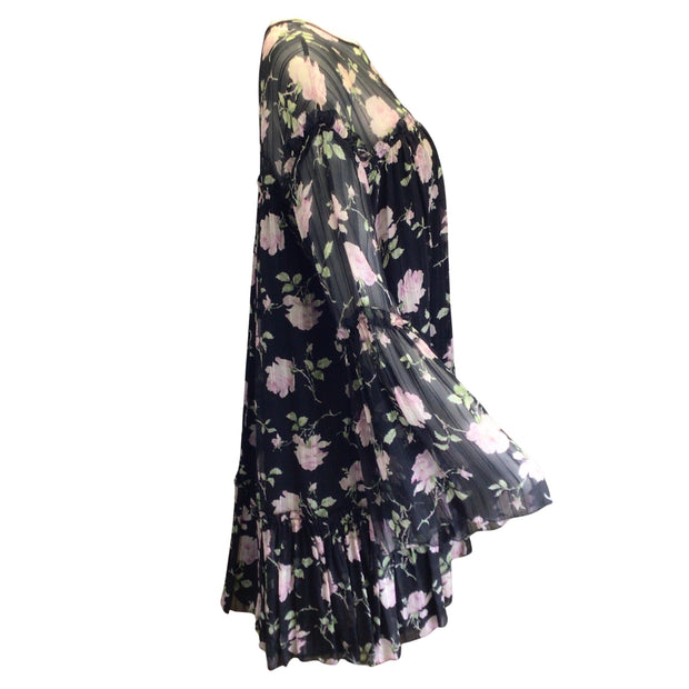 Ulla Johnson Black / Purple Floral Printed Long Sleeved Silk Dress