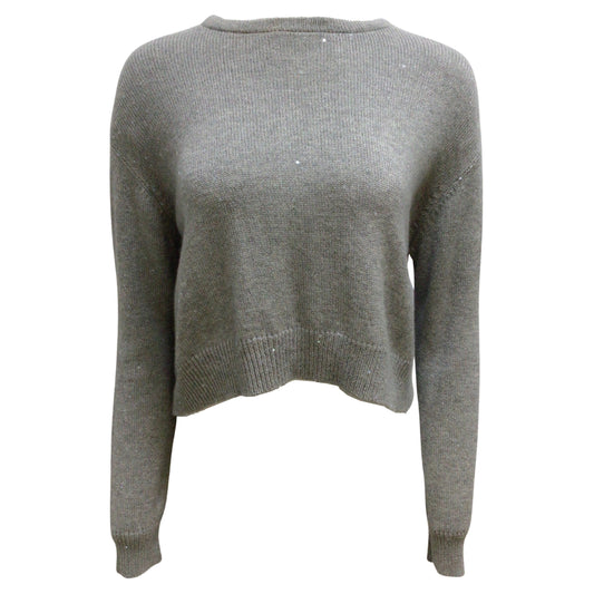 Brunello Cucinelli Sequined Long Sleeved Cashmere and Silk Knit Cropped Grey Sweater