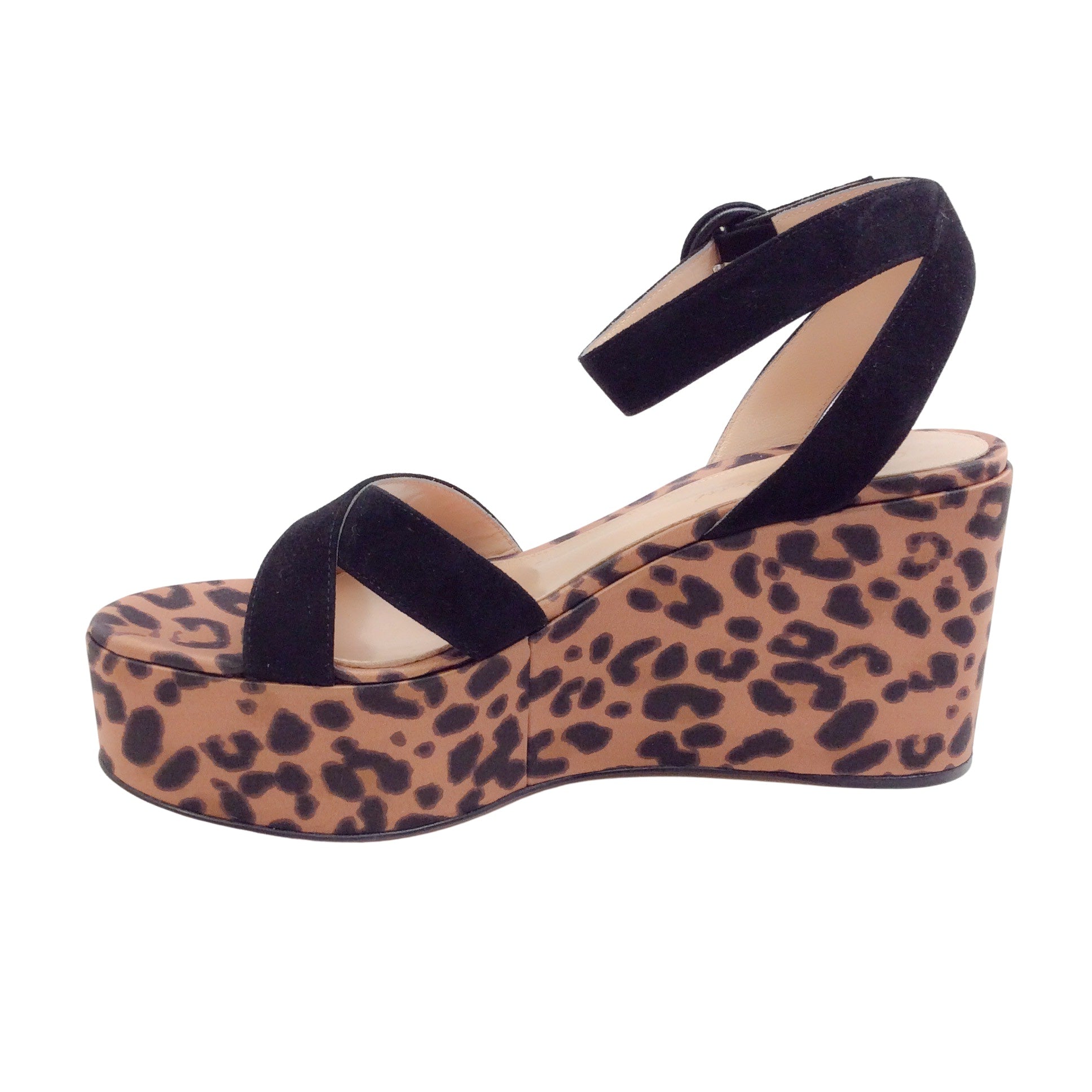 Gianvito Rossi Animal Print Ankle Strap Wedge Sandals