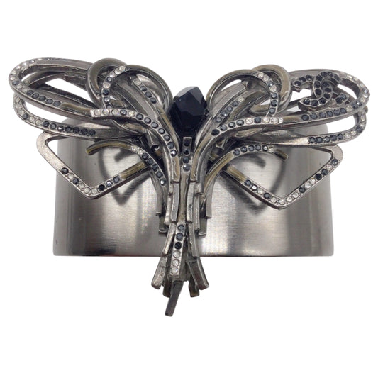 Chanel Gunmetal Crystal Embellished Dragonfly Pendant Cc Logo Wide Cuff Bracelet