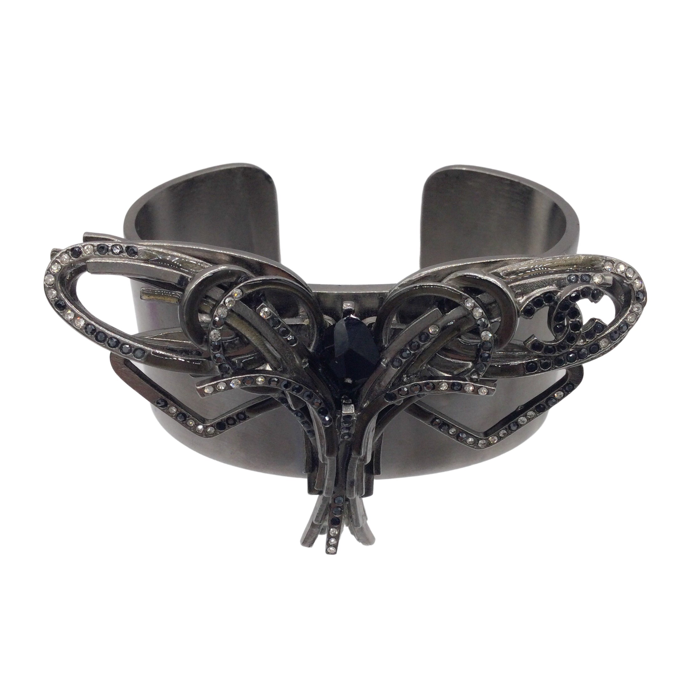 Chanel Gunmetal Crystal Embellished Dragonfly Pendant Cc Logo Wide Cuff Bracelet