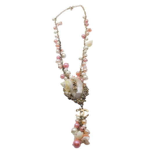 Chanel Pink / Ecru Cc Logo Seashell Pendant Crystal Embellished Imitation Pearl Long Necklace