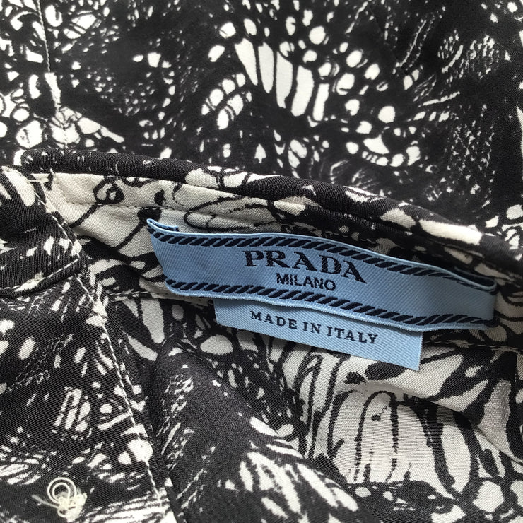 Prada Black / Ivory Ink Print Collared Short Sleeved Blouse