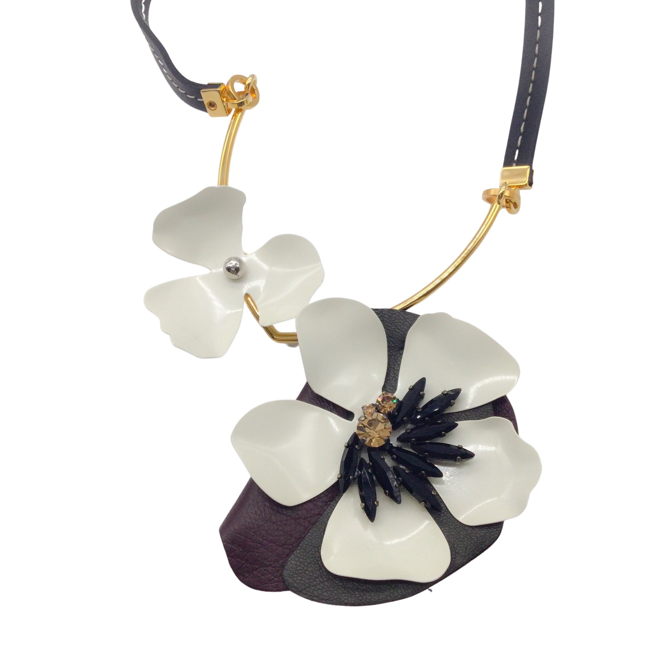Marni Ivory / Brown Crystal Embellished Floral Pendant Statement Necklace