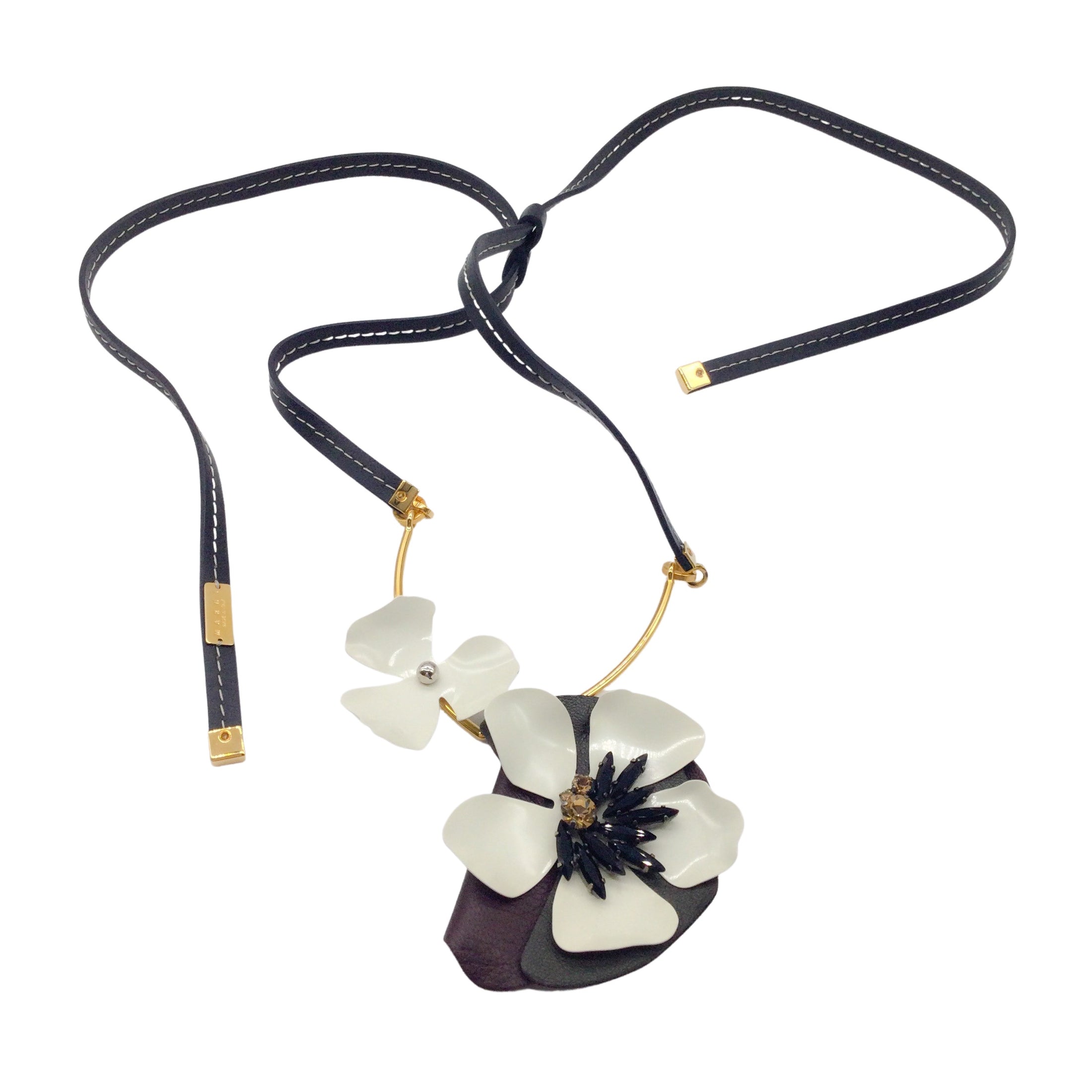 Marni Ivory / Brown Crystal Embellished Floral Pendant Statement Necklace