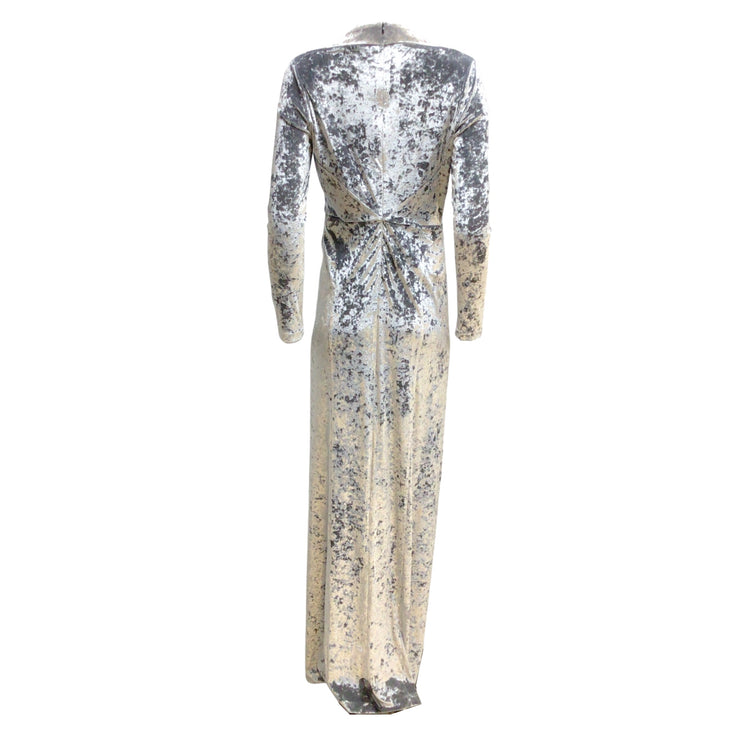 Galvan London Silver Shimmer Metallic Long Sleeved V-neck Full-length Velvet Gown / Formal Dress