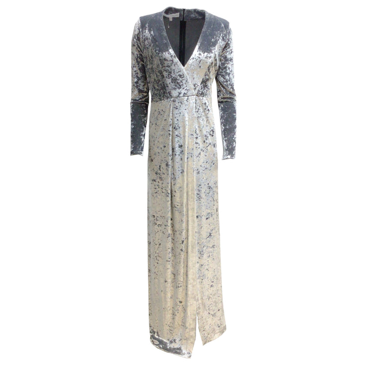 Galvan London Silver Shimmer Metallic Long Sleeved V-neck Full-length Velvet Gown / Formal Dress