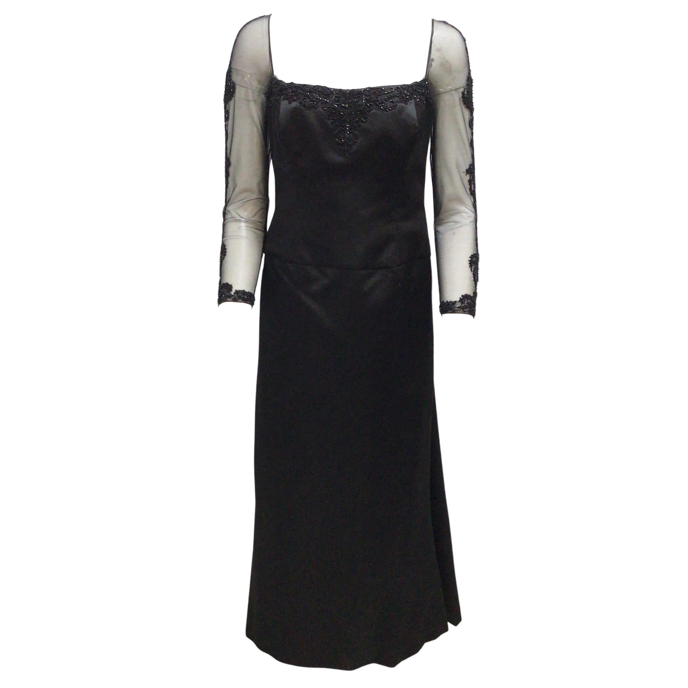 Reem Acra Black Beaded Long Sleeved Illusion Mesh Satin Gown / Formal Dress