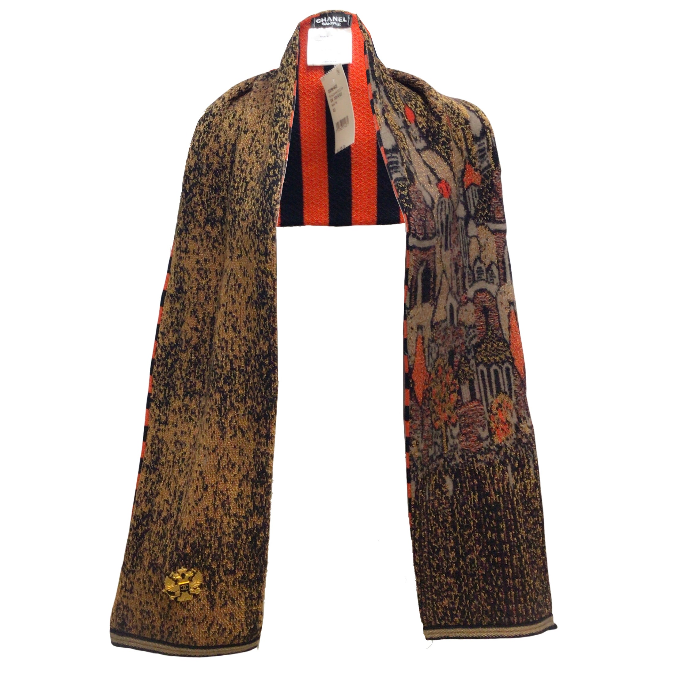 Chanel Gold Metallic Multi 2009 Paris Moscow Cc Logo Medallion Wool and Cashmere Knit Long Scarf/Wrap