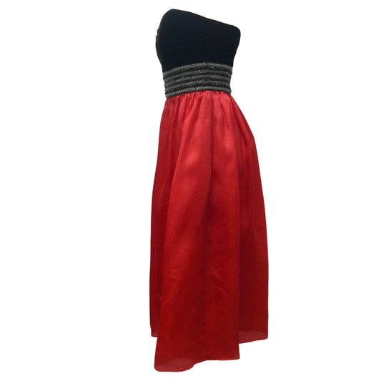 Badgley Mischka Red / Black Beaded Strapless Midi Formal Dress