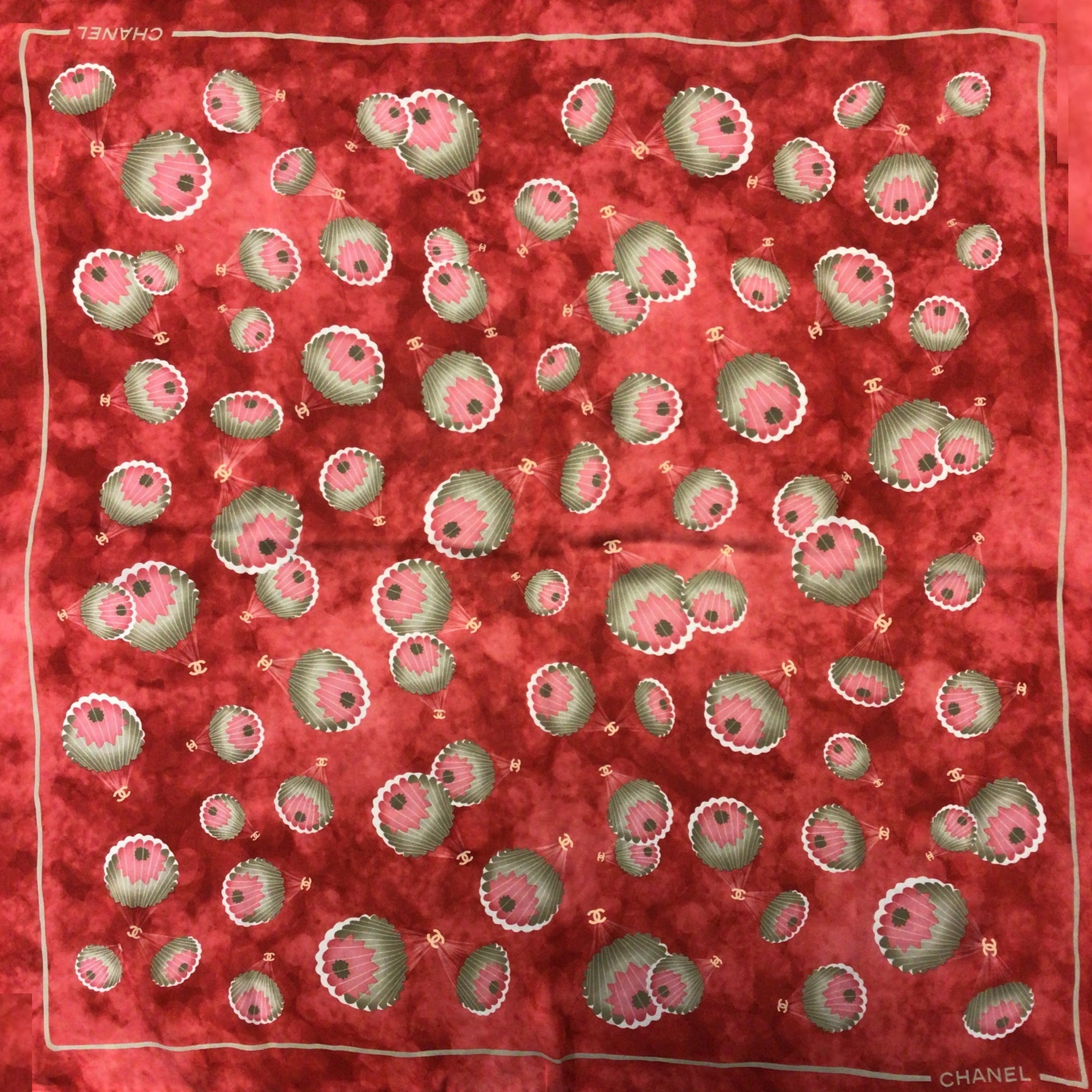 Chanel Red Multi Hot Air Balloon / Parachute Printed Square Silk Scarf
