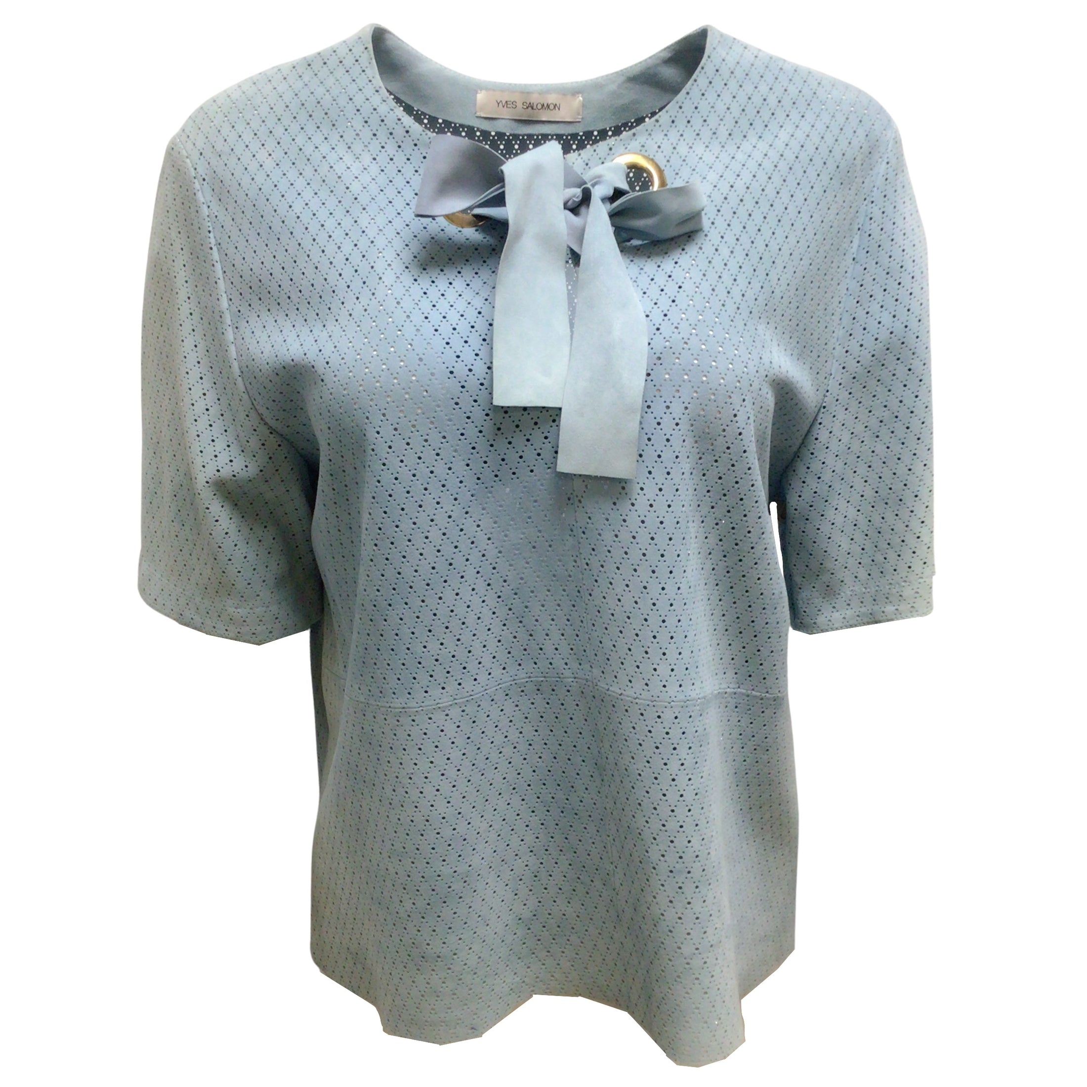 Yves Salomon Blue Short Sleeved Perforated Suede Leather Blouse