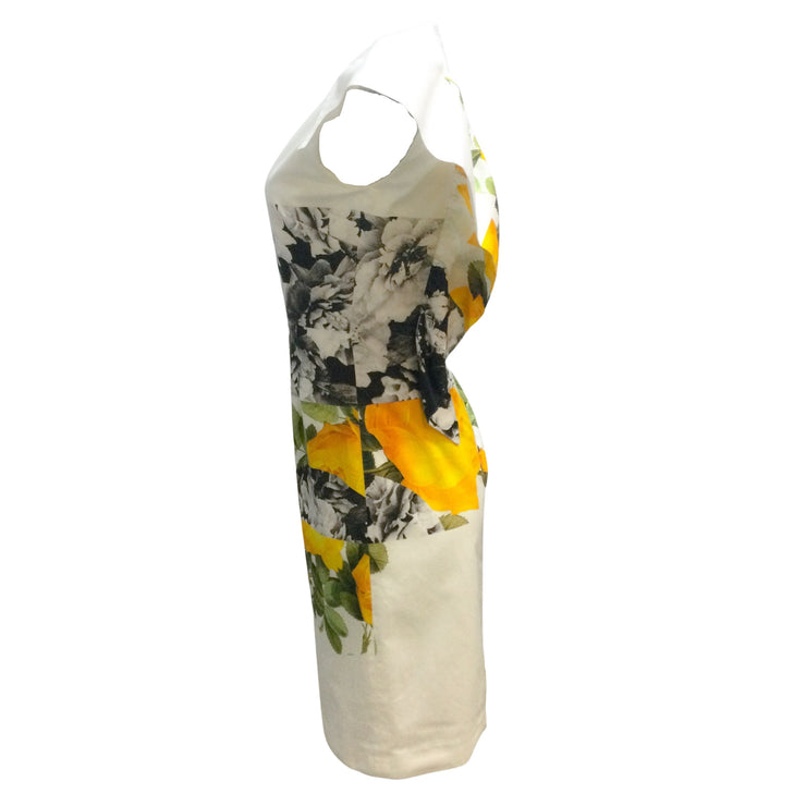 Dries van Noten White / Black / Yellow Printed Cotton Midi Cocktail Dress
