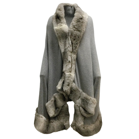 Rani Arabella Grey Fur Trim Cashmere Knit Poncho/Cape