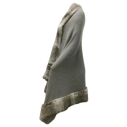Rani Arabella Grey Fur Trim Cashmere Knit Poncho/Cape