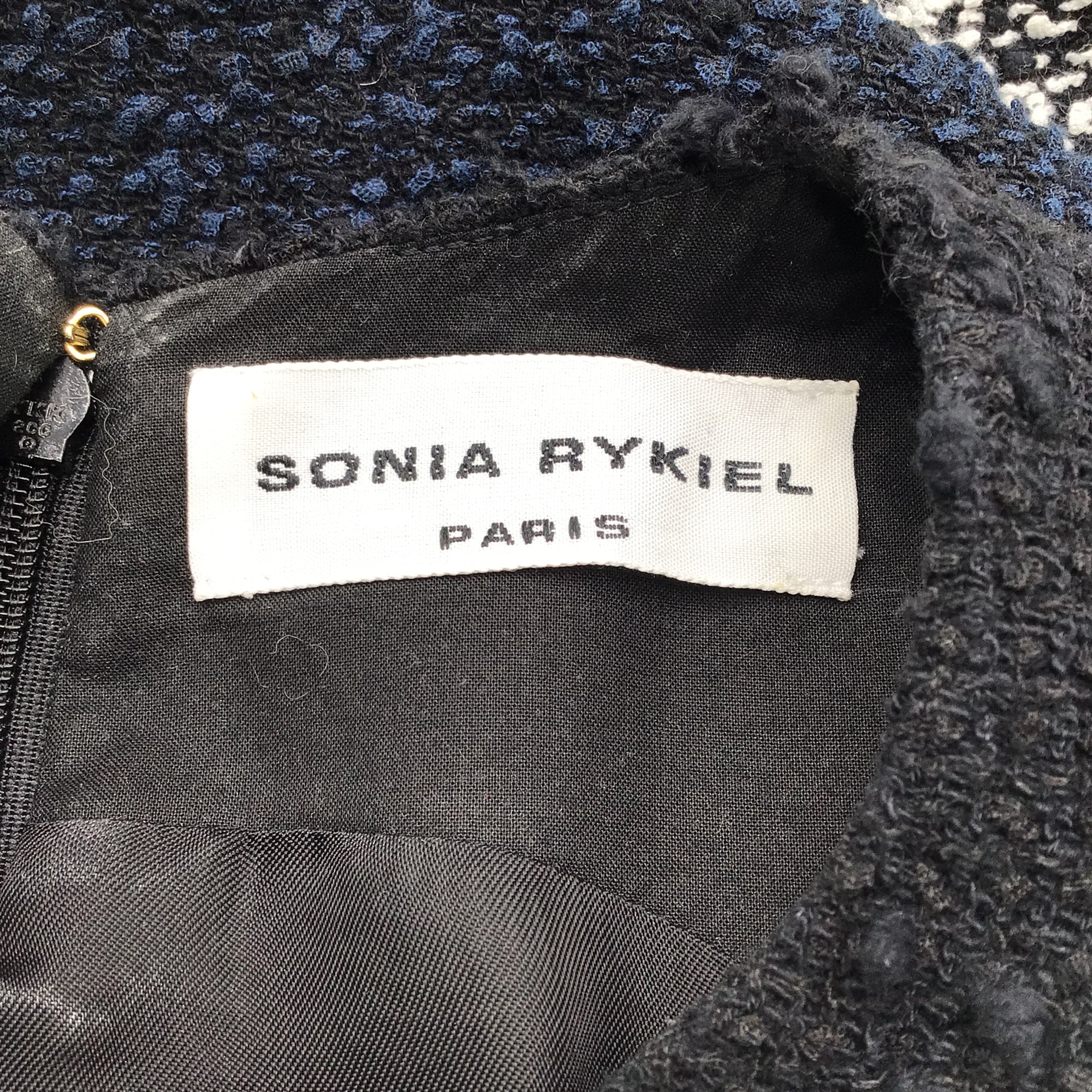 Sonia Rykiel Navy Blue Fringed Trim Sleeveless Boucle Knit Tweed Work/Office Dress