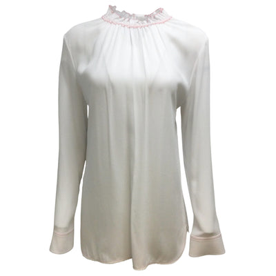 Marni White / Red Contrast Stitching Puckered Neck Long Sleeved Crepe Blouse