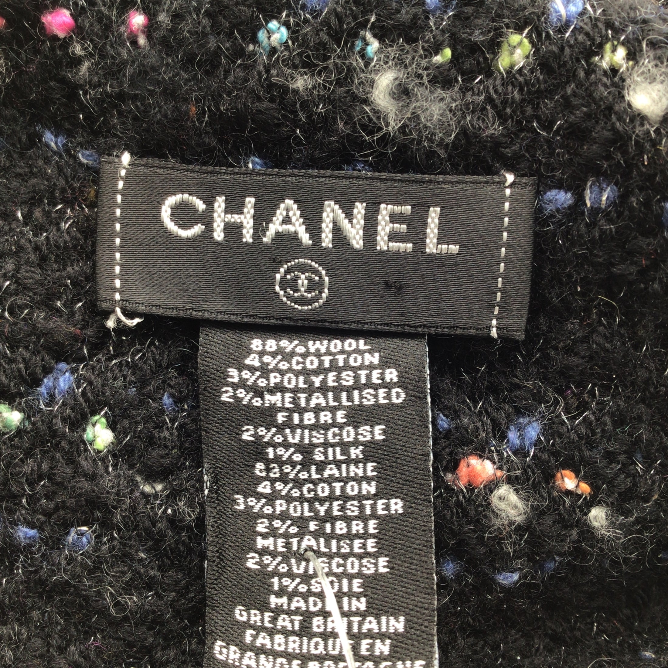 Chanel Black / Blue / Grey Multi Silver Metallic Detail Cc Logo Embroidered Striped Wool Knit Beanie Hat
