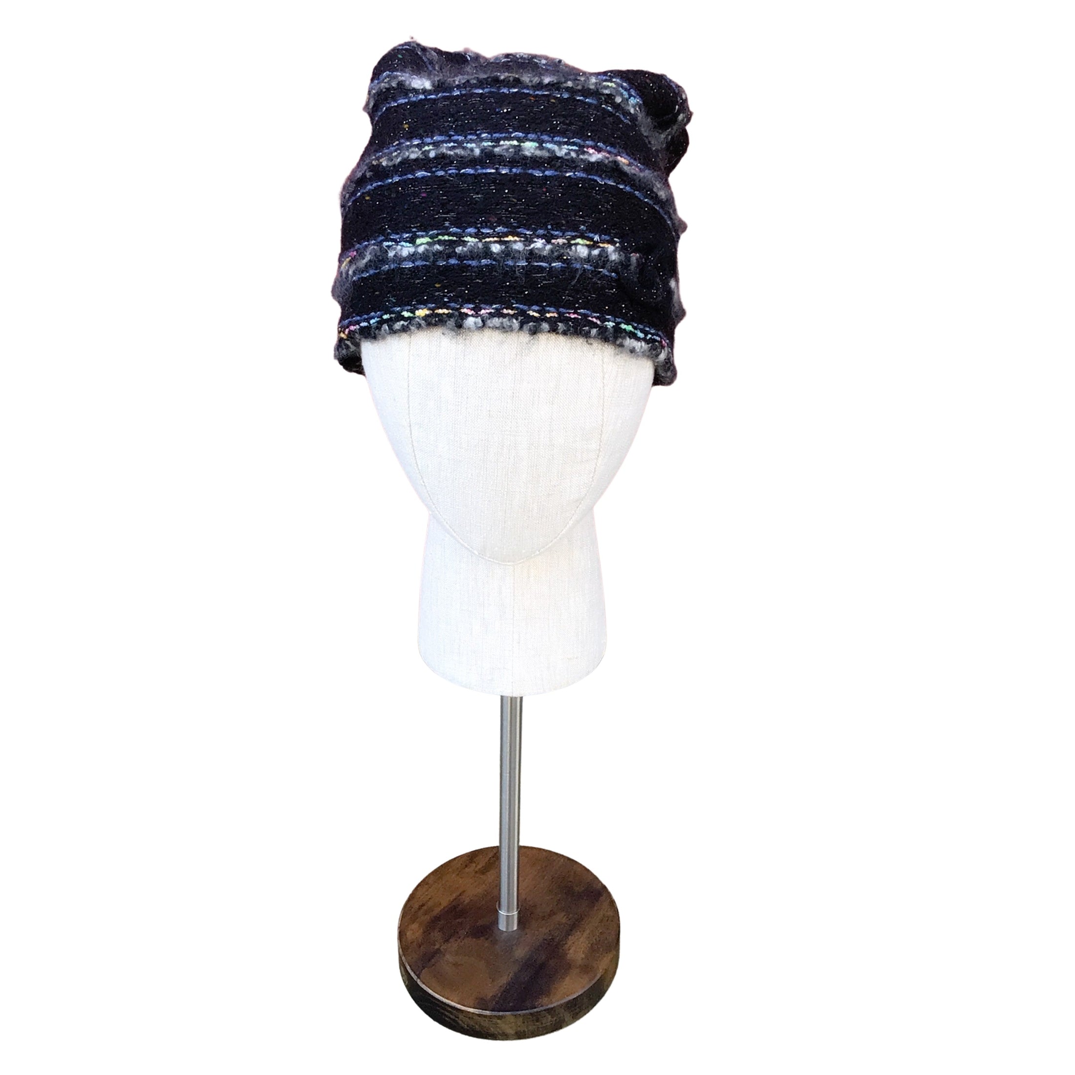 Chanel Black / Blue / Grey Multi Silver Metallic Detail Cc Logo Embroidered Striped Wool Knit Beanie Hat