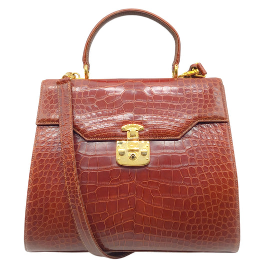 Gucci Lady Lock Top Handle Bag Vintage Brown Crocodile Satchel