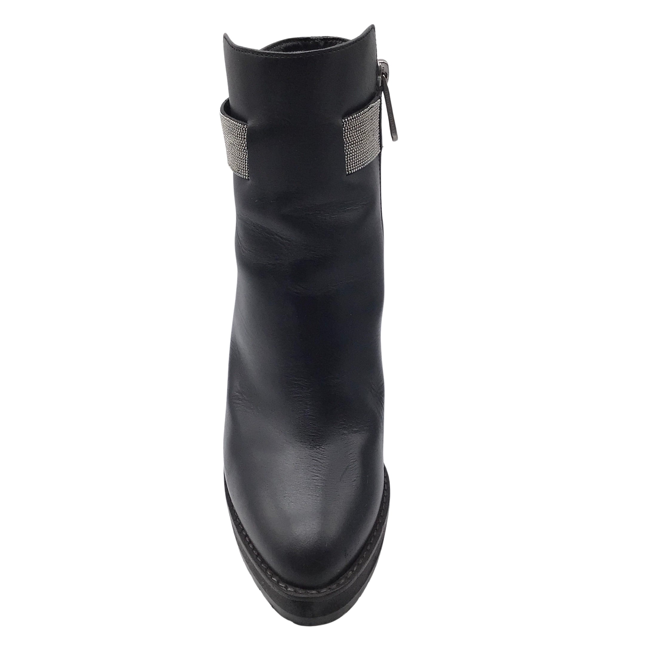 Brunello Cucinelli Black Monili Beaded Strap High Heeled Leather Platform Boots/Booties