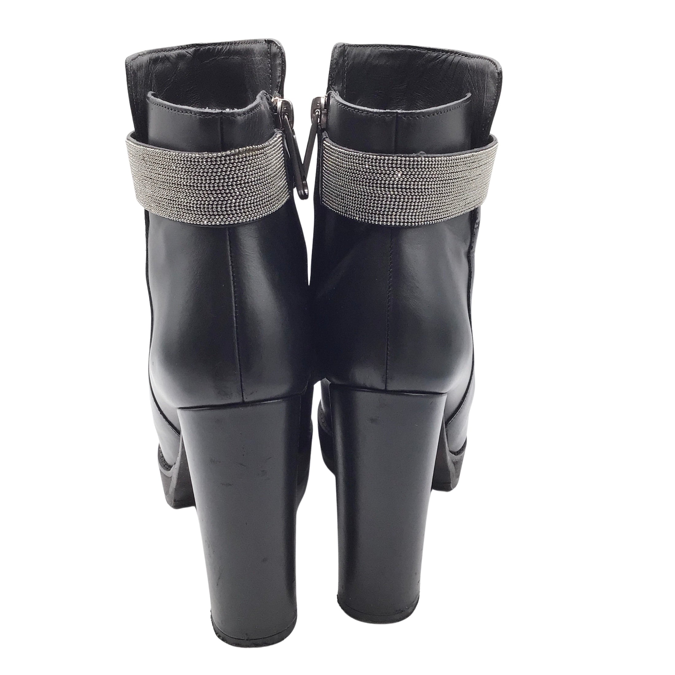 Brunello Cucinelli Black Monili Beaded Strap High Heeled Leather Platform Boots/Booties