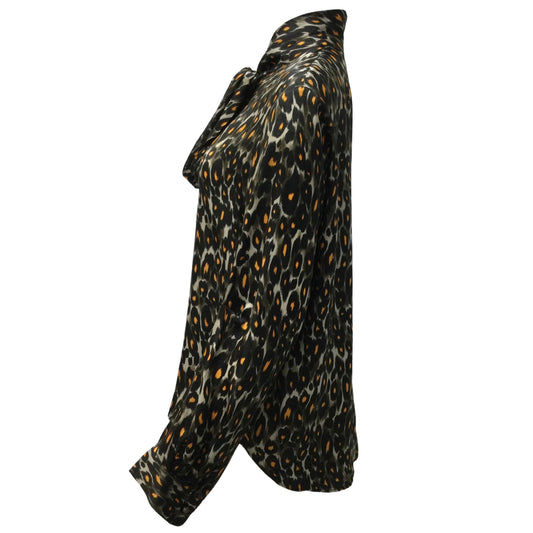 R13 Grey / Orange Leopard Printed Neck Tie Button Up Long Sleeved Blouse