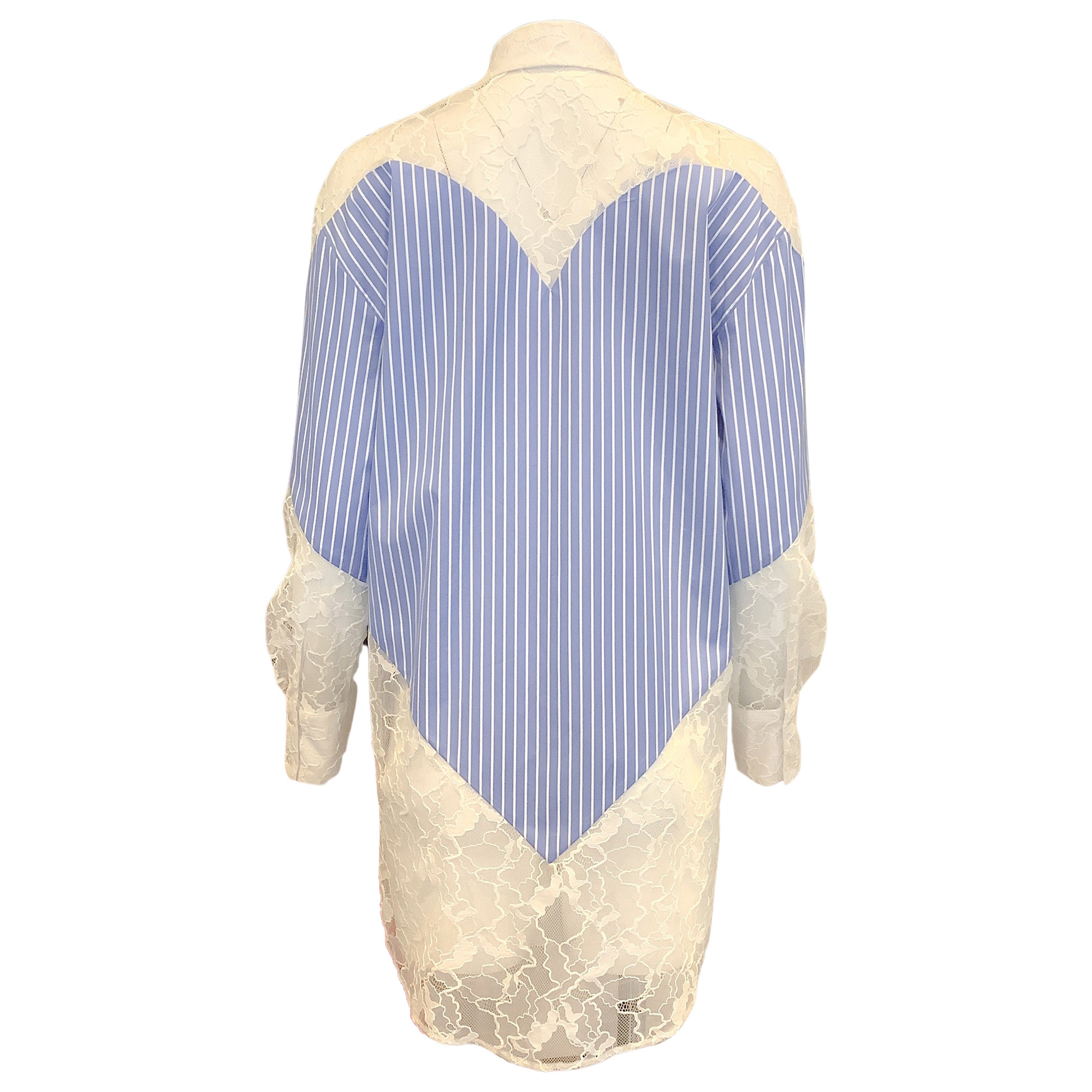 MSGM Blue/White Lace Combo Striped Heart Button-down Top