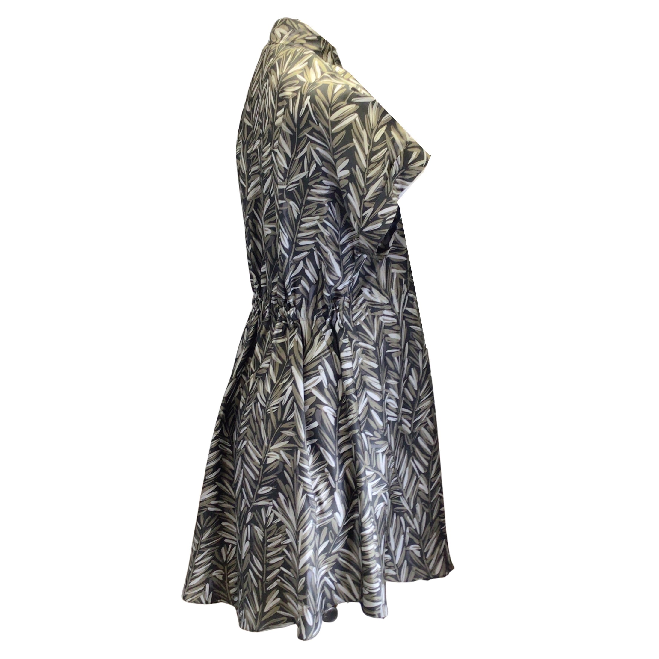 Brunello Cucinelli Olive Green / Grey Printed Short Sleeved Silk Safari Dress