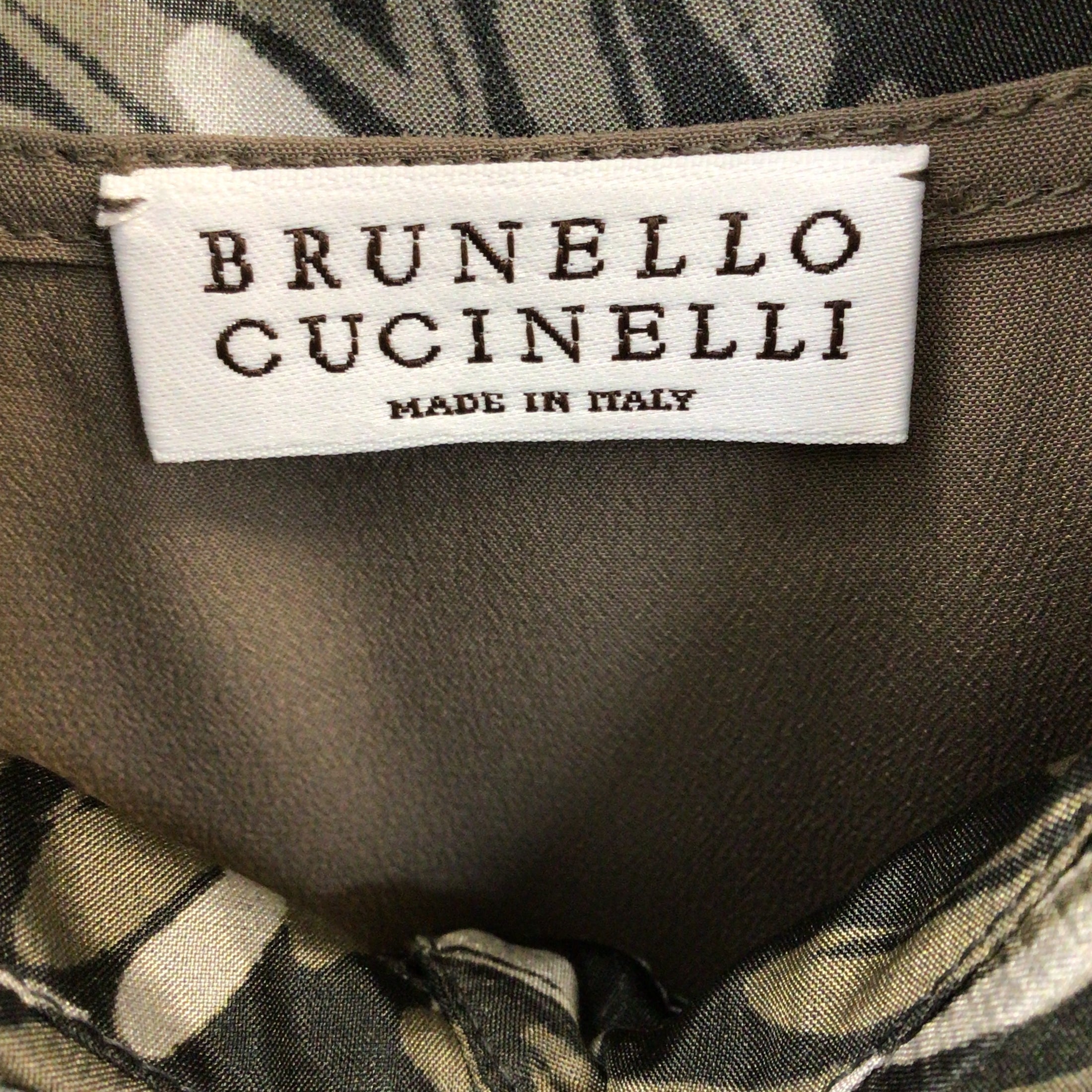 Brunello Cucinelli Olive Green / Grey Printed Short Sleeved Silk Safari Dress