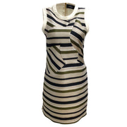 Derek Lam Ivory / Taupe / Green / Black Striped Embroidered Shift Cocktail Dress