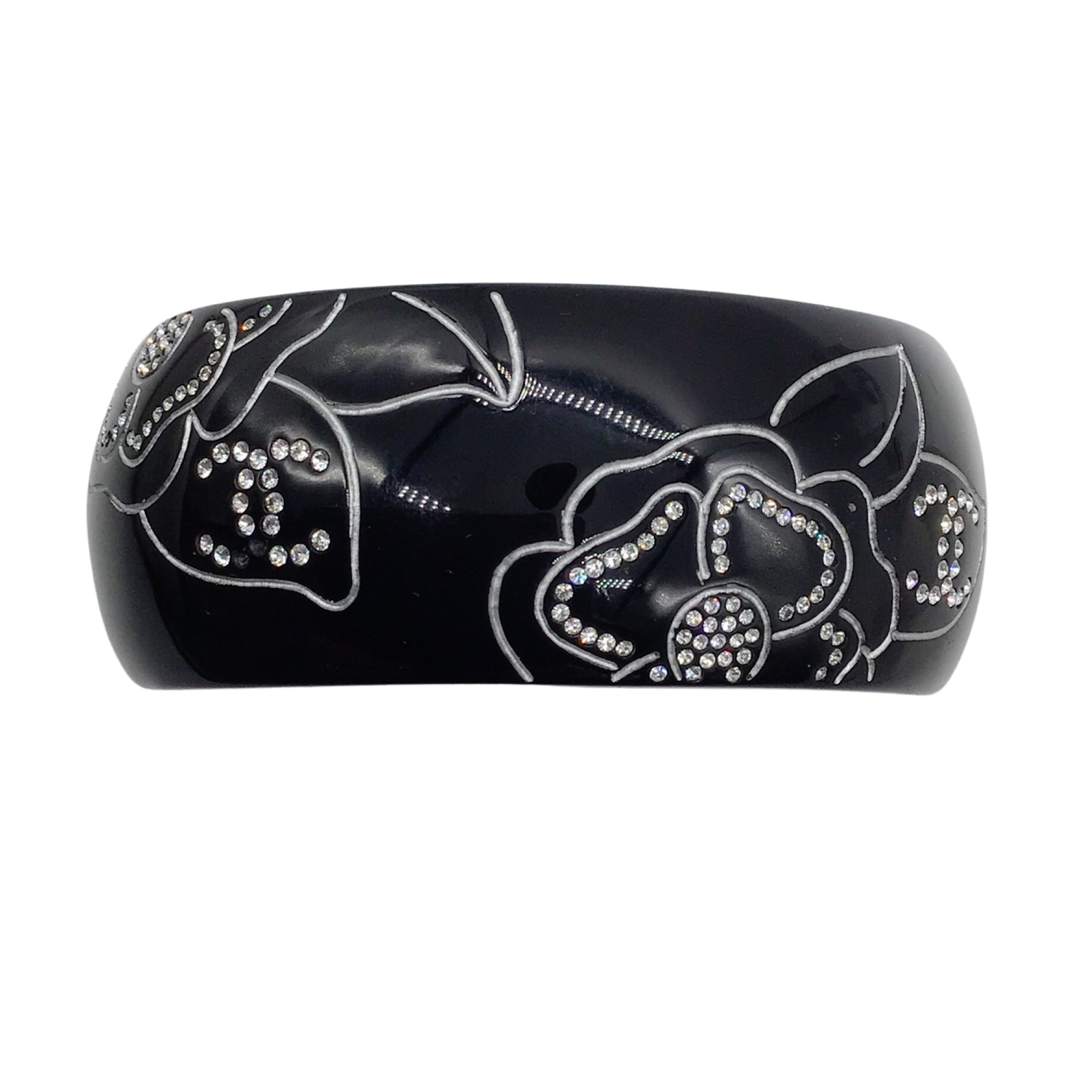 Chanel Black Rhinestone Embellished CC Logo Camellia Wide Enamel Bracelet