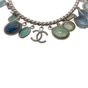 Chanel Blue / Green Stone CC Logo Charm Silver Bangle Bracelet