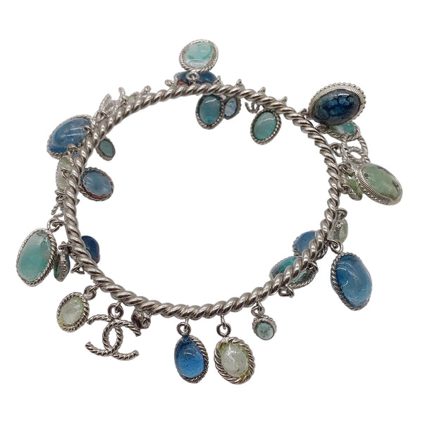 Chanel Blue / Green Stone CC Logo Charm Silver Bangle Bracelet