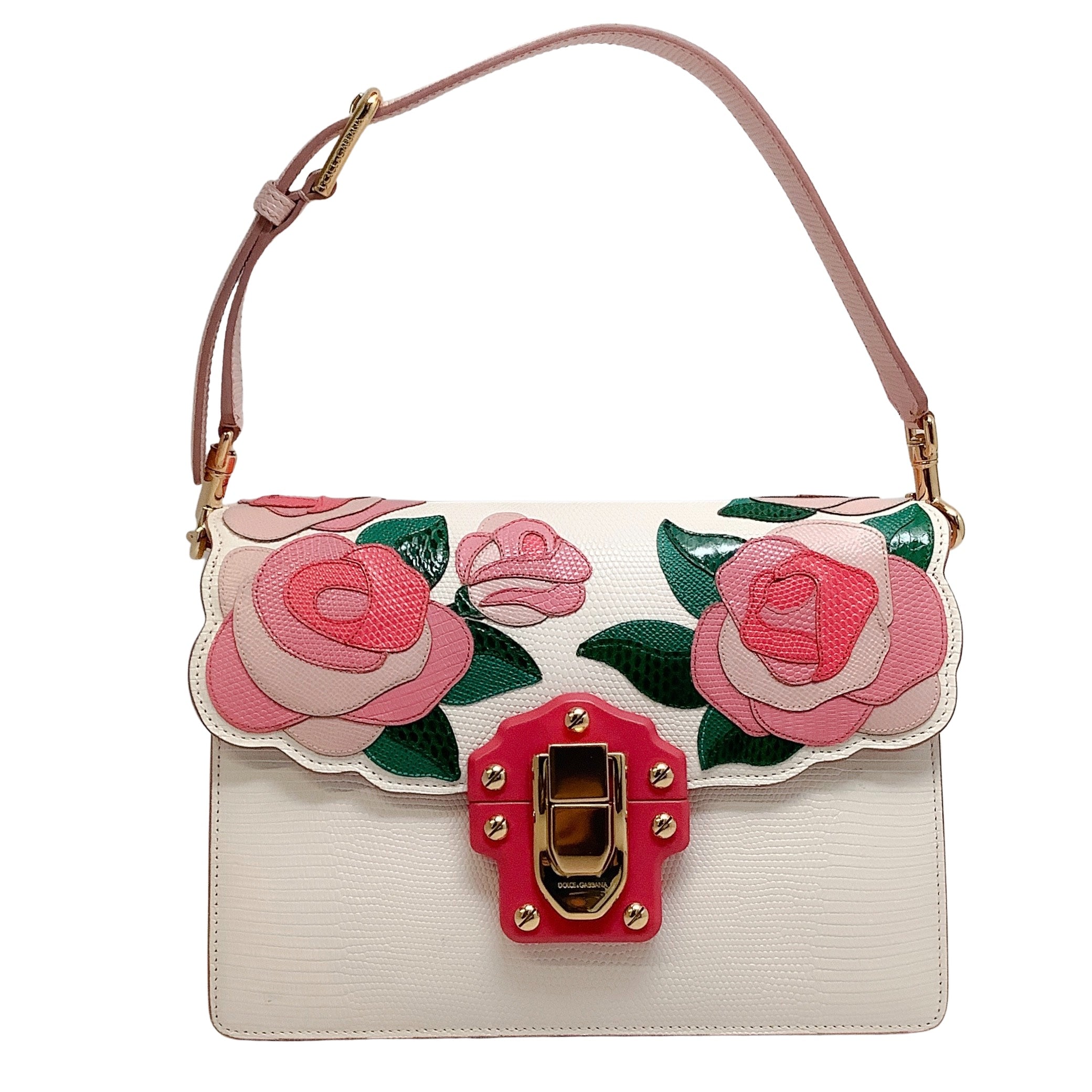 Dolce & Gabbana Pink Roses Lucia Ivory Lizard Skin Leather Shoulder Bag